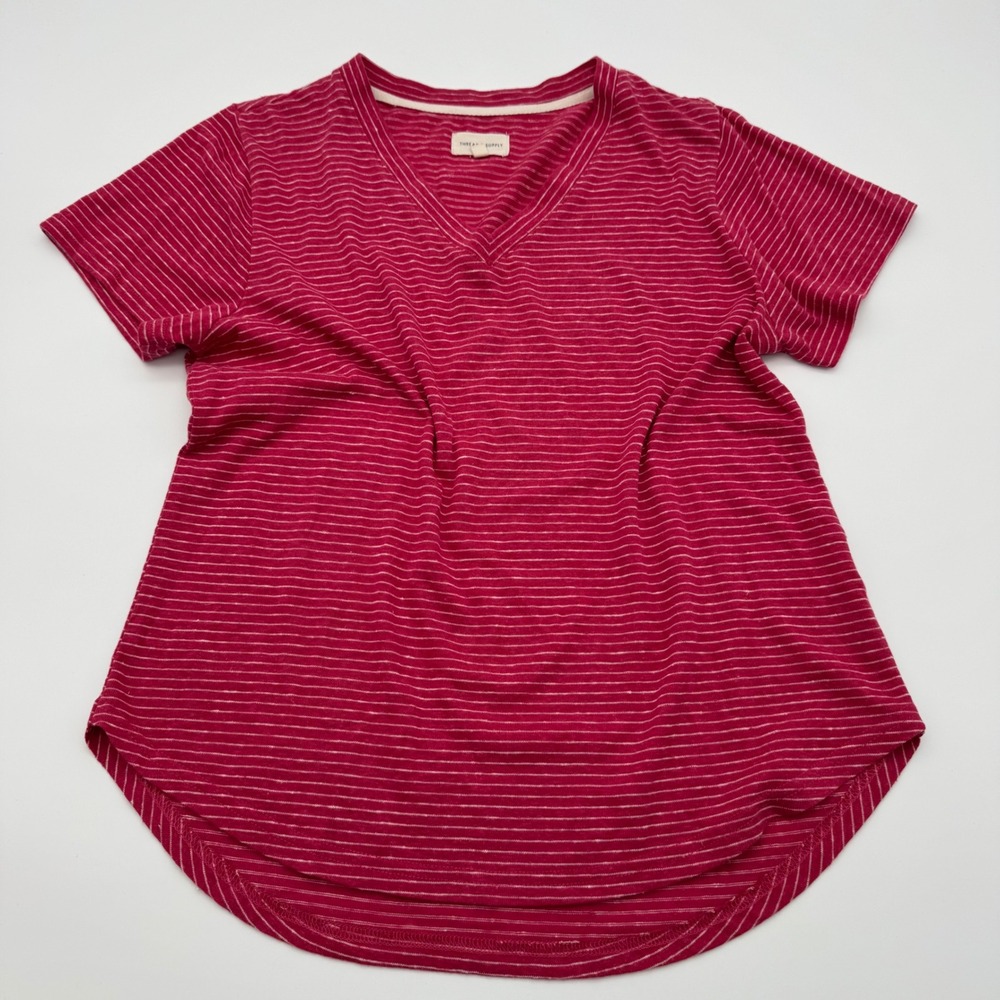 Thread & Supply Magenta Stripe Linen Blend V-Neck T-Shirt Small